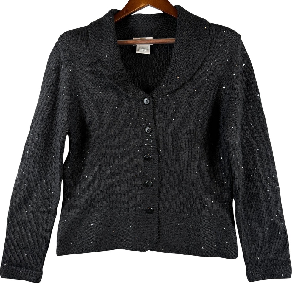 VINTAGE Talbots Petites L Black Merino Wool Sequin Collared Cardigan Hong Kong